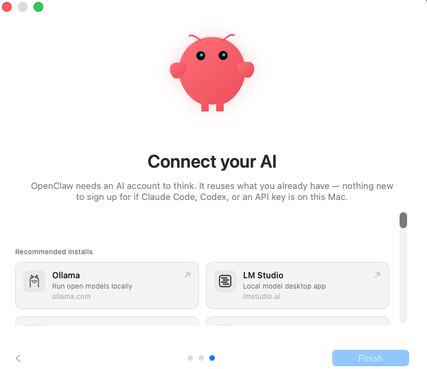 OpenClaw's macOS onboarding screen for connecting an existing AI provider or local model.