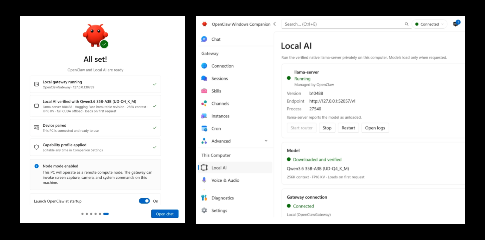OpenClaw for Windows showing a completed local AI setup and the managed llama-server status.