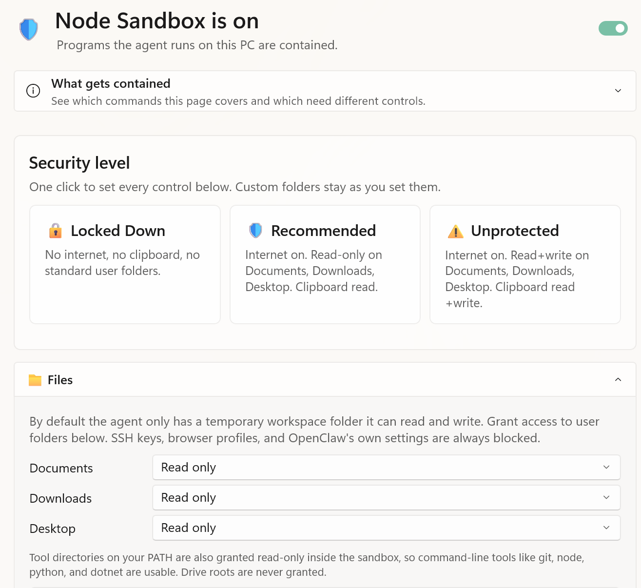 OpenClaw for Windows showing the node sandbox security controls.