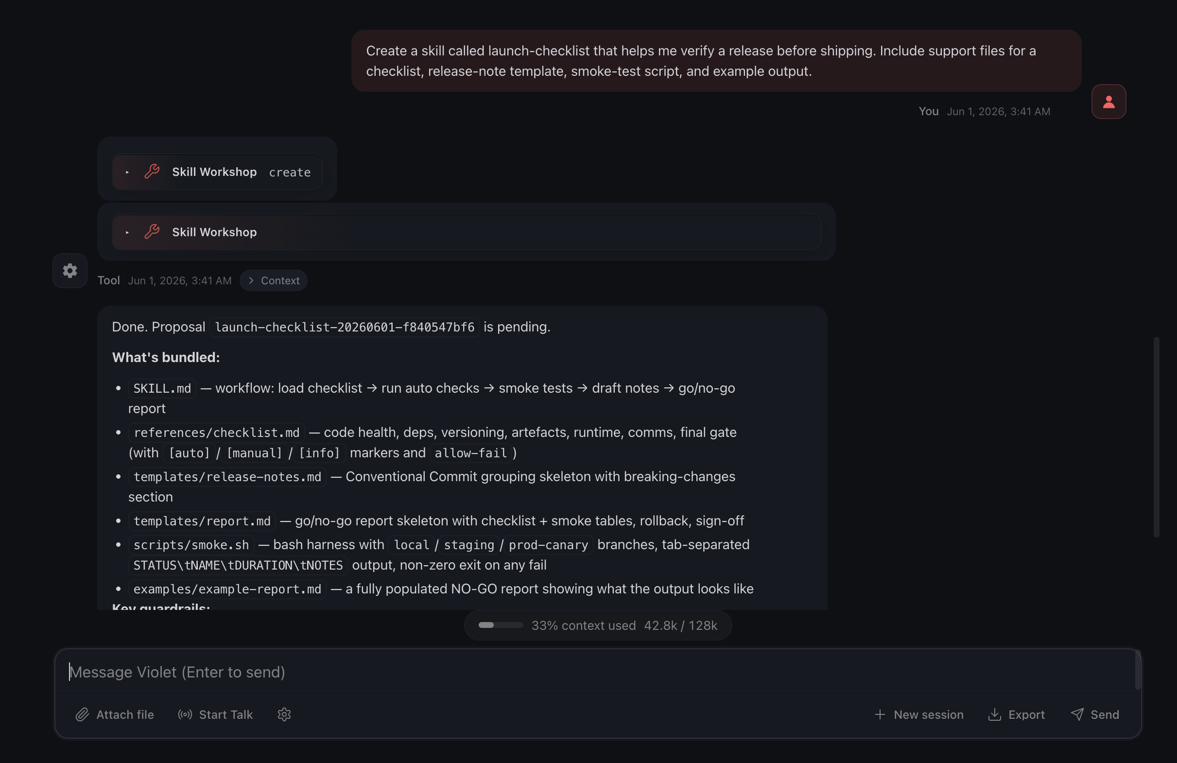 OpenClaw chat showing a user asking the agent to create a launch-checklist skill, followed by the Skill Workshop create tool and a pending proposal summary.
